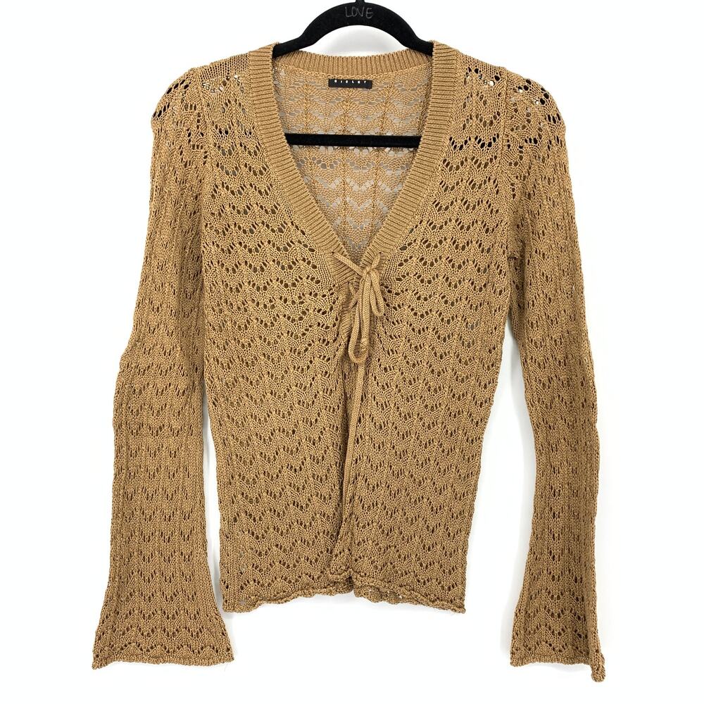 Sisley Crochet Cotton Sweater Womens Size Small Tan Flare Sleeve Lace Up Front